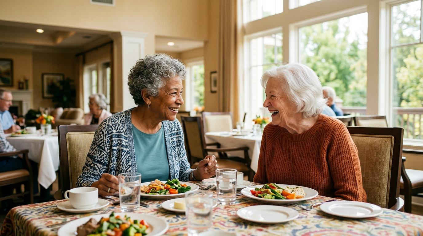 Seniors enjoying a meal in an assisted living community.
