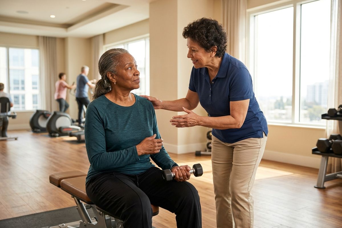 Fitness trainer guiding an older adult holding a dumbbell on a gym bench, with people exercising on cardio equipment in the background